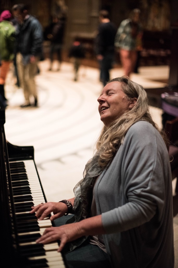 Clare Hedin, a musician, performs for the walk of the labyrinth. The Labyrinth itself came to by the work of Rev. Dr. Lauren Artress. From 1991 to 2007, the labyrinth was made of tapestry. In 2007, Margaret and Will Hearst donated funds to replace the tapestry with limestone. March 11th 2016. Julio Marcial